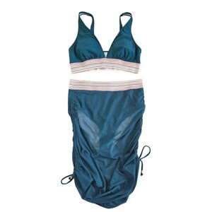 Teal High Waisted Bikini Mesh Skirt‎ Set Chevron Trim Womens Large